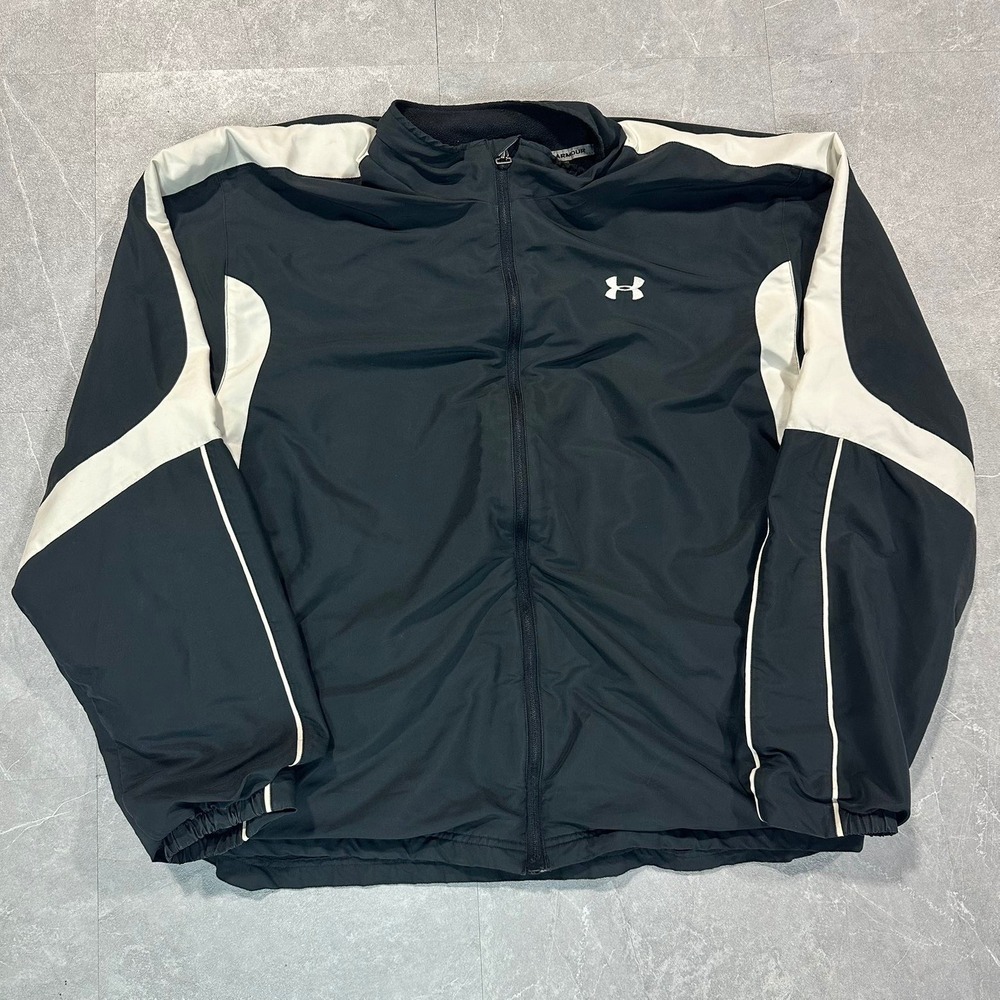Under Armour Mens Black White Full Zip Track Jacket Fleece Lined Size L 3919